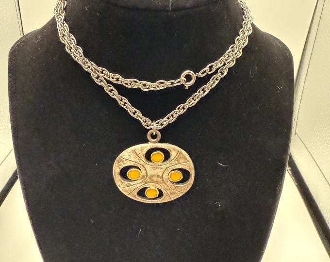 Vintage Modernist Silver-Tone Pendant Necklace | Yellow Cabochons | Abstract Design