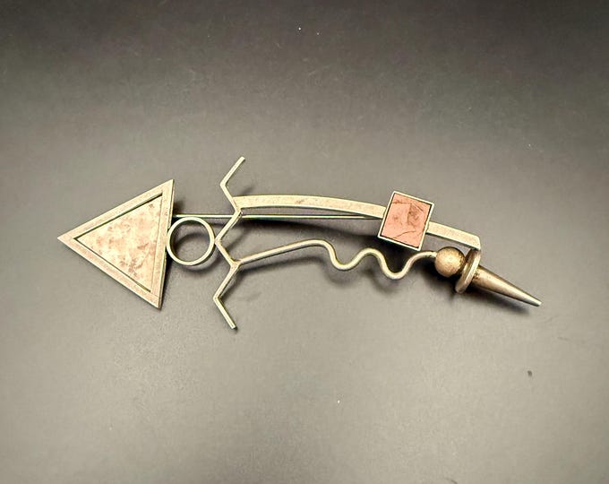 Signed Edie Tanis Brenna 1987 Abstract Silver Tone Art Brooch