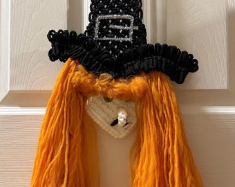 Macrame Witch Wall Hanging from Salem! – Halloween Boho Decor with Orange Yarn Hair