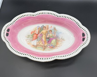 Antique R. Delaney Bavaria Porcelain Serving Bowl Pink Pierced Rim Victorian Ladies c. 1900