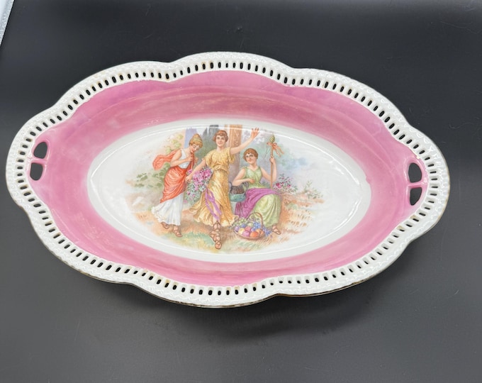 Antique R. Delaney Bavaria Porcelain Serving Bowl Pink Pierced Rim Victorian Ladies c. 1900