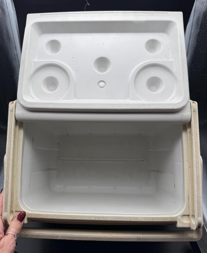 May include: An open, off-white cooler with a matching lid. The lid has circular indentations and a handle. The interior of the cooler is visible, showing a clean, empty space. The cooler is designed for carrying and keeping items cold.
