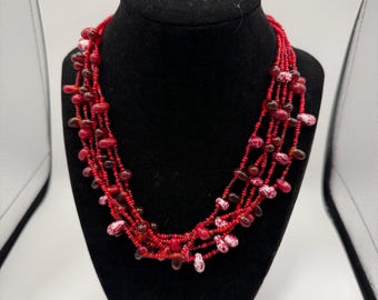 Red Multi-Strand Beaded Necklace | Speckled & Glass Beads