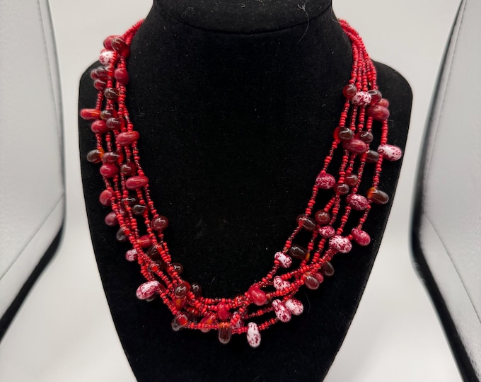 Red Multi-Strand Beaded Necklace | Speckled & Glass Beads