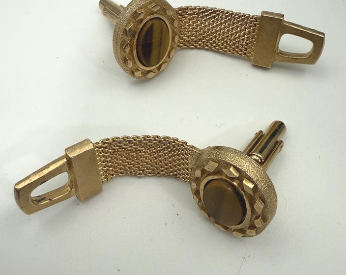 Vintage Gold Tone Mesh Cufflinks • Tiger’s Eye Cabochon • Mid-Century Men’s Jewelry