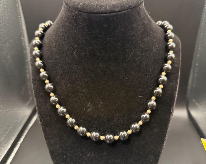 Vintage Black Bead Necklace • Classic Single Strand • Gold Tone Spacers • Mid-Century Style Jewelry