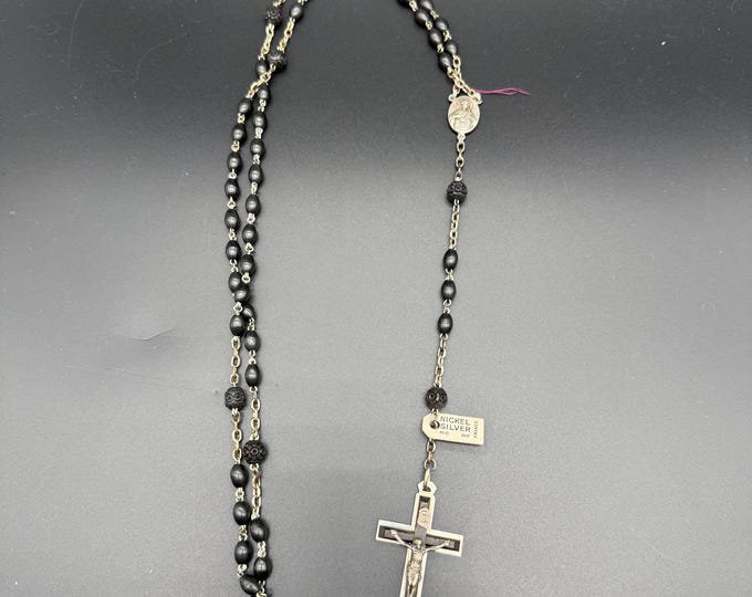 Vintage Cocoa Wood Bead Rosary with Nickel Silver Crucifix – Original Tags