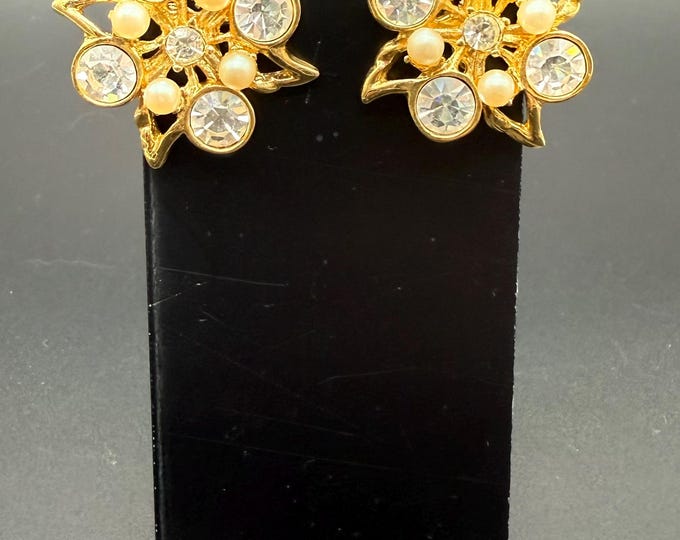 Vintage Rhinestone Faux Pearl Clip Earrings