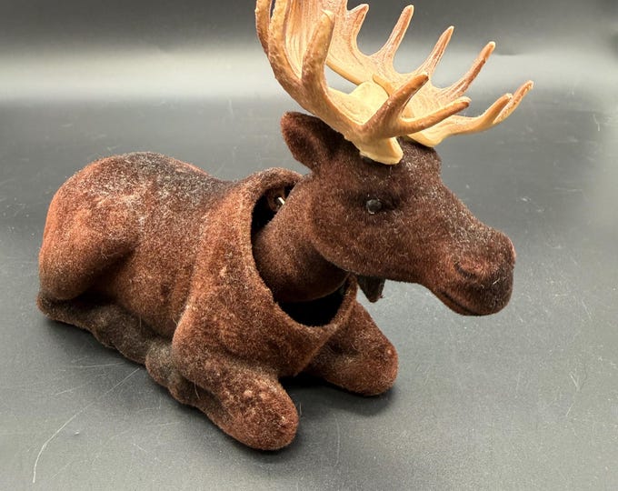 Vintage Flocked Moose Bobblehead Figurine | Dark Brown Moose Bobble Head | Rustic Cabin Lodge Decor | Wildlife Collectible