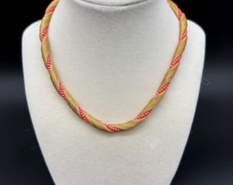 Vintage Gold Tone Mesh Twist Necklace with Coral Pink Beads | 1960s 1970s Statement Collar | Retro Glam Jewelry