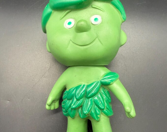 Vintage Green Vinyl Character Figure | Leaf Costume Toy | Retro Cartoon Style Collectible | Mystery Character | Shelf Display