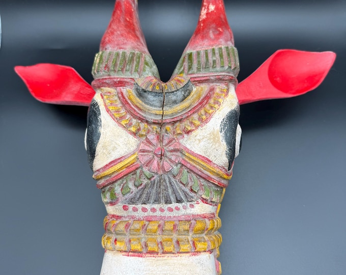 Vintage Hand Carved Wooden Bull Mask Folk Art Painted Ox Cow Head Wall Hanging Horned Animal Decor