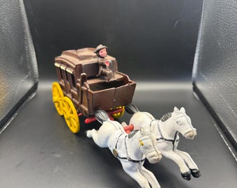 Cast Iron Stagecoach with Horses & Driver – Brown Coach, Yellow Wheels, White Horse Team – Western Americana