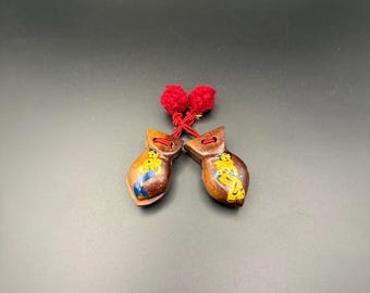 Vintage Hand-Painted Wooden Shoe Charms with Red Tassels | Folk Art Mini Clogs | Lucky Charm Pair
