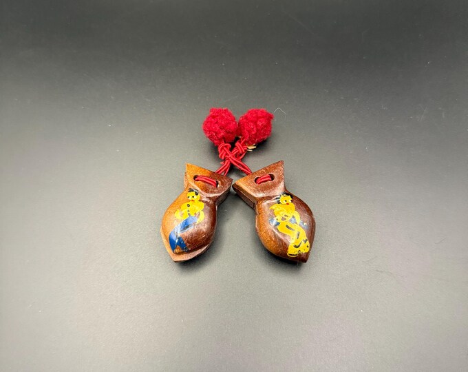 Vintage Hand-Painted Wooden Shoe Charms with Red Tassels | Folk Art Mini Clogs | Lucky Charm Pair