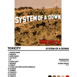 May include: Album cover for "Toxicity" by System of a Down. The image shows the band's name in white block letters against a brown hillside, with the album title in red. The tracklist and release details are listed below.
