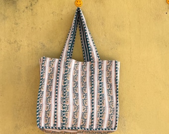 Handprinted Floral Cotton Tote Bag Reversible Quilted Shopper Handbags