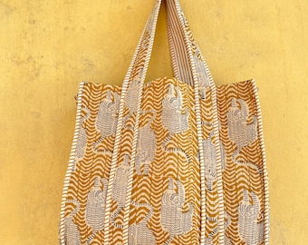 Handmade Block Print Cotton Tote Bag : Quilted Ethnic Market Bag Weekender Bag For Women Holiday Bags