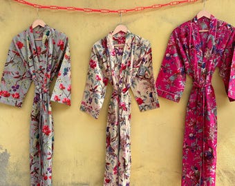 Kimono hecho a mano 100% algodón puro, bata de verano con estampado de pájaros, bata de baño ligera estilo boho para mujer, pareo de playa.
