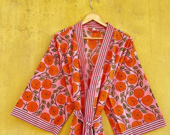 Floral Print Cotton Kimono Robe: Lightweight Hand Block Print Loungewear