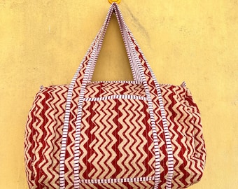 Bolsa de lona grande de algodón acolchada hecha a mano, bolsa de fin de semana con estampado de bloques, bolsa de viaje para mujer, regalo para bolso de hombro, bolsas de almacenamiento