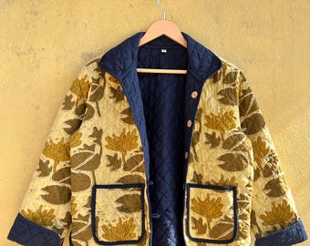 Giacca in cotone indiano, giacca in cotone trapuntato, giacca da donna, giacca fatta a mano, cappotto boho, cappotto con stampa a blocchi, giacca floreale