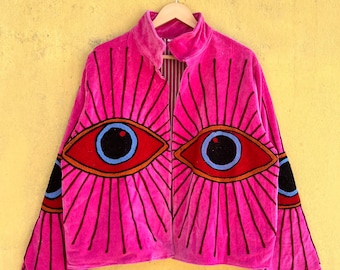 Handmade Suzani Cotton Velvet Boho Jacket, Evil Eye Embroidered Jackets