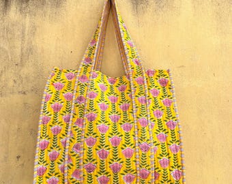 Boho Printed Tote Bag : Handmade Quilted Cotton Shoulder Bag, Large Tote Bag, Bohomian Travel Bag, Eco-Friendly Reusable Shopping Bag