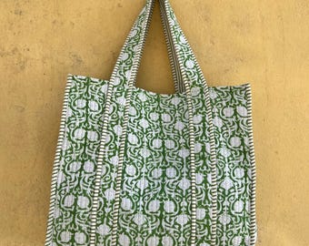 Indian Floral Tote Weekender Bag Cotton Storage Bag Handmade Quilted Travel Bag Block Print Standard Size Shoulder Bag