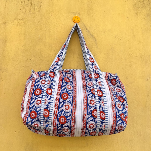 Borsa da viaggio trapuntata, borsa da viaggio in cotone con stampa floreale, borsa da viaggio con stampa a blocchi di mano, borsa da viaggio a tracolla