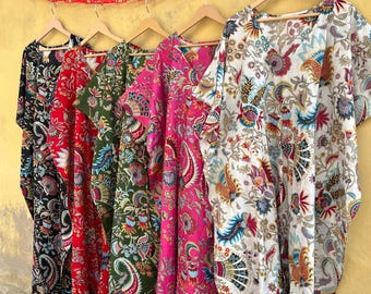 Indian Cotton Kaftan Dress : Hand Printed, Free Size, V-Neck Maxi Dress, Beach Cover Up