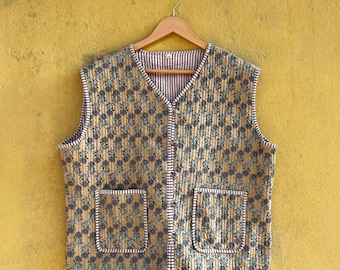 Handmade Reversible Quilted Cotton Jacket, Block Print Sleeveless Winter Layering Vest, Indian Floral Jacket