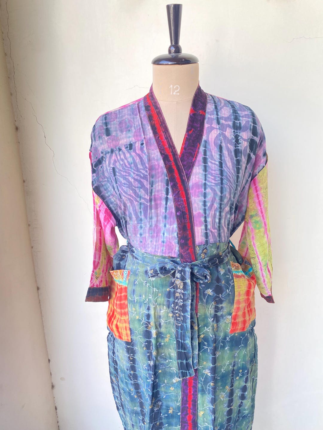 Peignoir kimono long 100 % soie tie and dye : peignoir, peignoir pour ...