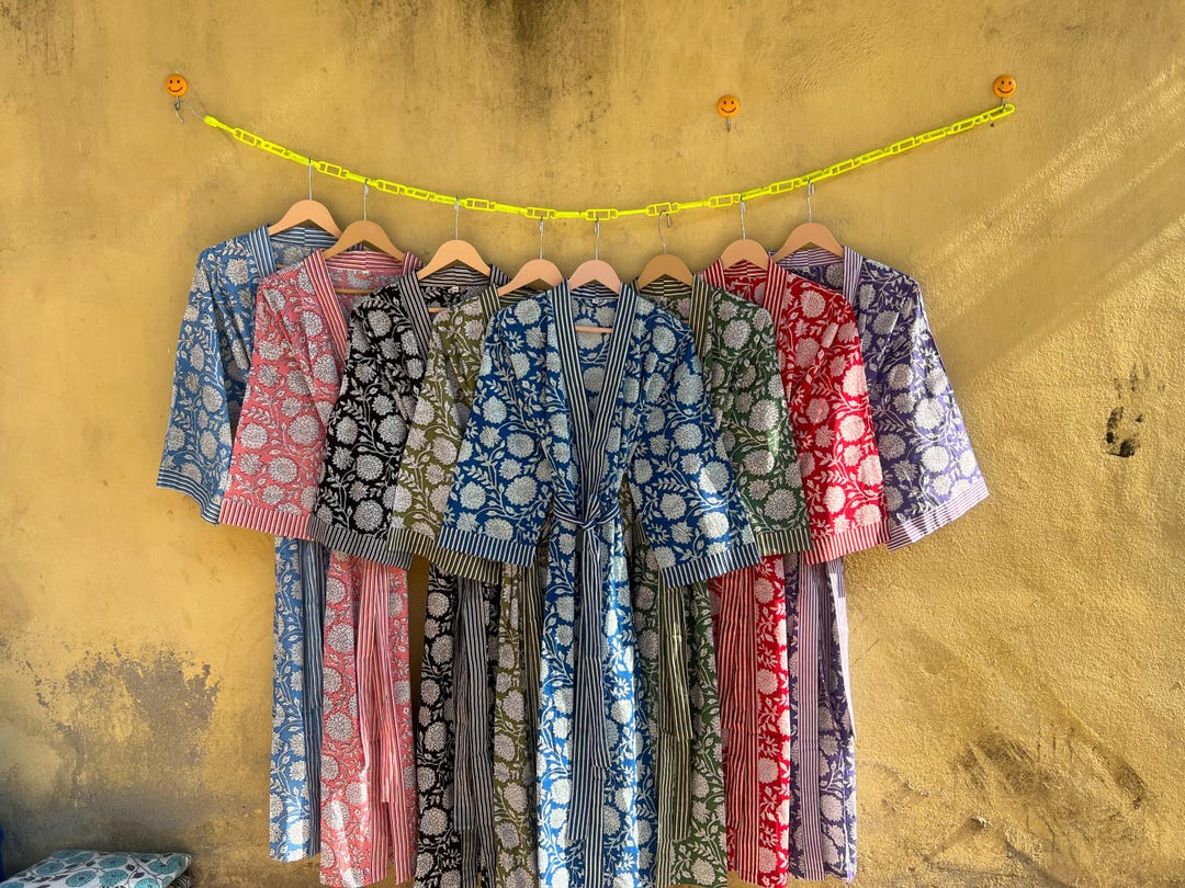 100% Cotton Kimono Robe Indian Floral Block Print Robes for Women Plus ...