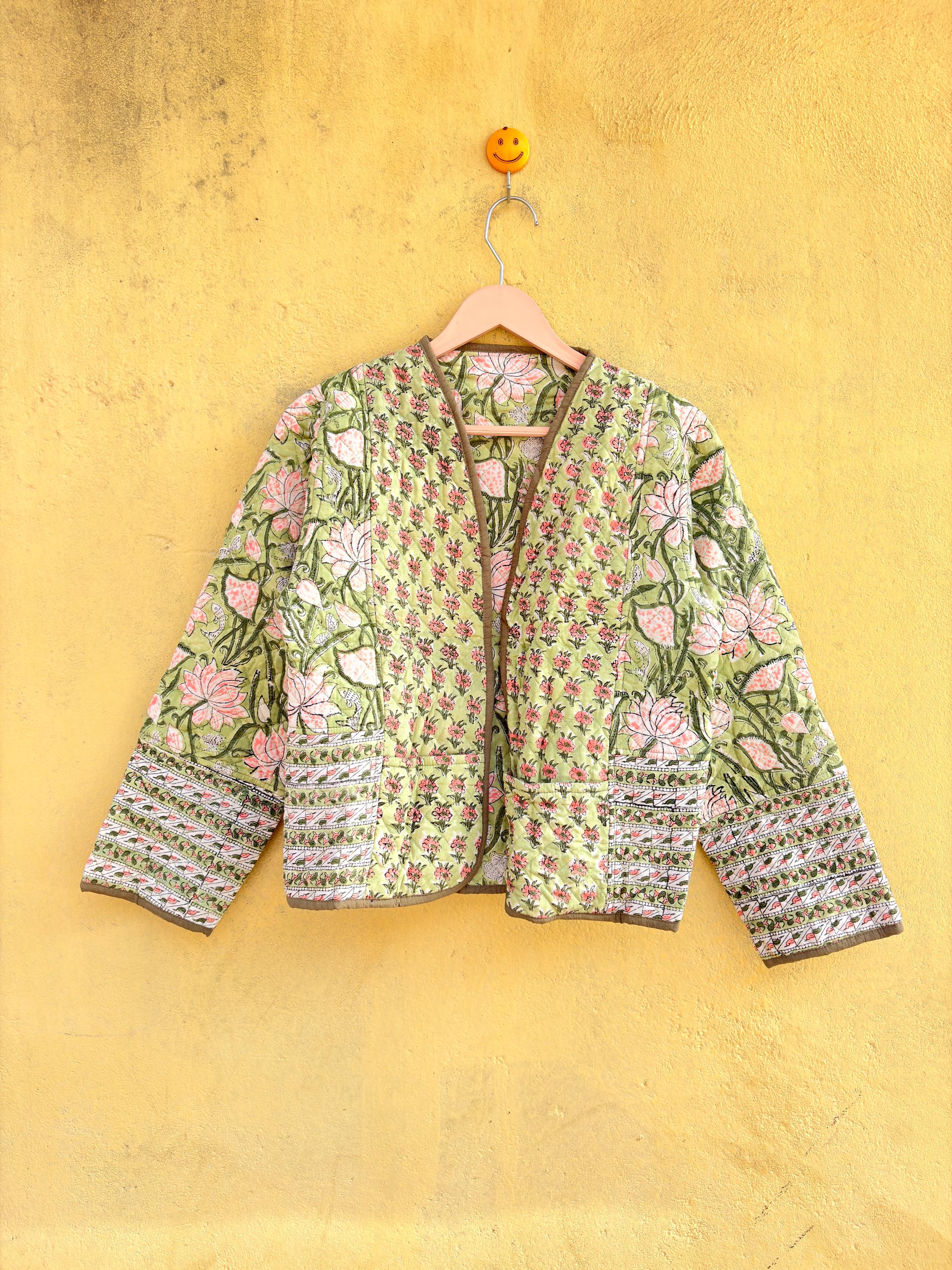 Hand Block Print Cotton Quilted Jacket: Floral Print Kimono Jacket, Reversible Women Fashion