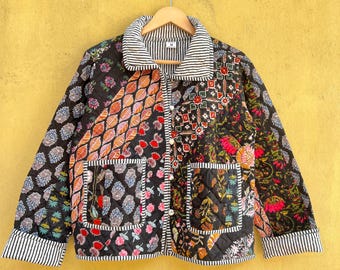 Women’s Quilted Patchwork Jacket : Block Printed Boho Style Quilted Handmade Jackets Coat Button Closer Jacket For Women