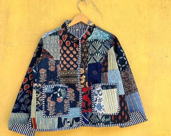 Patchwork Cotton Quilted Jacket Handmade Stripe Piping Coat Bohemian Winter Wear Coat Reversible Short Jacket For Women's