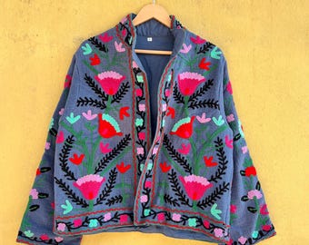 Women Suzani Cotton Jacket, Suzani Embroidery Coat, Indian Handmade Coat, Kimono Jacket, Winter Wear Suzani Jacket