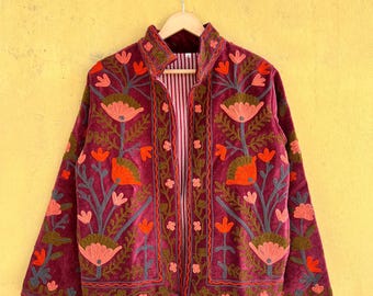 Red Velvet Handmade Suzani Embroidery Jacket For Women, winter Jacket, Bohemian Style Coat, Floral Suzani Jacket