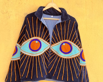 Eye Design Embroidery Jacket, Handmade Velvet Suzani Jacket, Boho Chic Jacket, Unisex Winter Overcoat, Women’s Casual Jacket