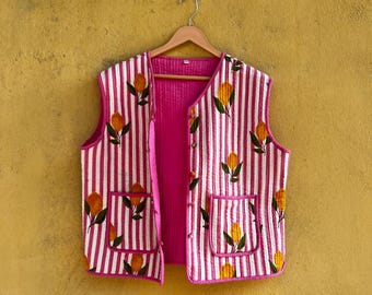 Chaqueta acolchada con estampado de bloques a mano para mujer, chaleco sin mangas de algodón, chaqueta de capas a rayas con estampado floral indio