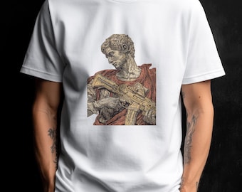 Camiseta con estatua romana sosteniendo una AR / Camiseta con humor de arte clásico vintage