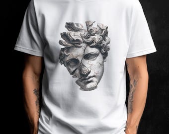 Camiseta unisex con estampado de rostro de estatua clásica fragmentada / Busto de mármol agrietado.