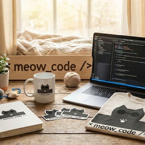 Könnte beinhalten: Auf einem Holztisch befinden sich ein Laptop mit Code, eine Kaffeetasse, ein T-Shirt, Aufkleber und ein Notizbuch, alle mit einer Katzen-Grafik und dem Text "meow_code /". Eine kleine Topfpflanze und ein Garnknäuel sind ebenfalls vorhanden.