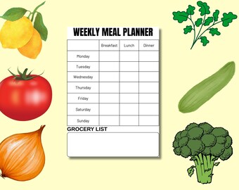 Weekly Meal Planner Printable PDF | Weekly Food Planner | Meal Prep & Grocery List | Instant Download Kitchen Organizer