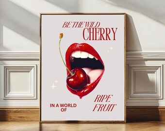 Kirsche Poster Print, Girly Ästhetische Wandkunst für Trendige Räume, Kirschen Kunst, Wohnheim Dekor, Niedlicher Wohnungsstil, Roter Lippenstift Poster Print R3