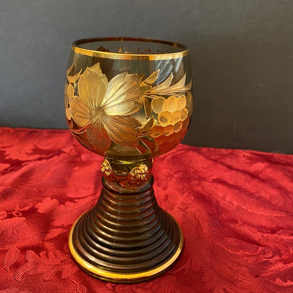 PRICE REDUCED! Vintage Roemer German Green & Gold Crystal Wine Glass W/Etched Grapes and Flowers Honeycomb Green Stem Size 5-3/4" | 6 Fl ozs