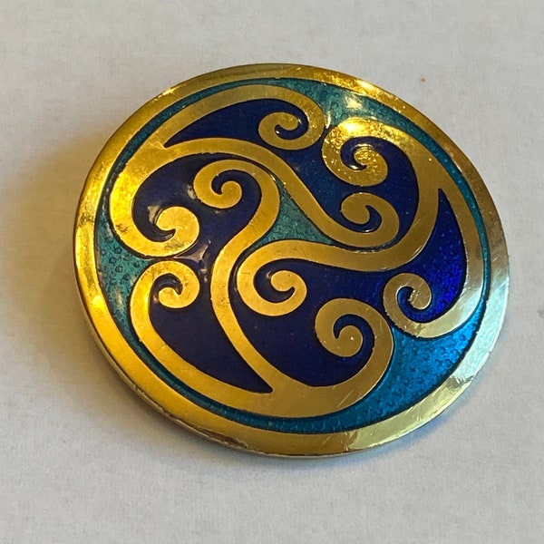 PRICE REDUCED! Celtic Sea Gems, Enamel Cloisonne Style Brooch/Pin | Sz 1.25" W x 7/8" H, Color: Turquoise, Royal Blue&Gold Metallic, 1980s