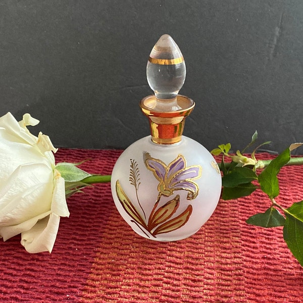 SALE!German Antique Crystal Perfume Bottle, 5" H x 3" W, Excellent Condition, Hand Painted Floral Design in Lavender, Metallic Gold, & Green