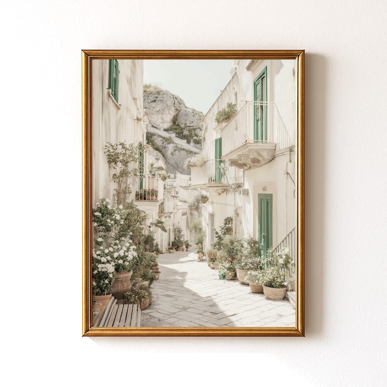 May include: A framed print of a sunlit European street scene. White buildings with green doors and shutters line a cobblestone street. Potted plants and flowers add color. A mountain is visible in the background. The frame is gold.